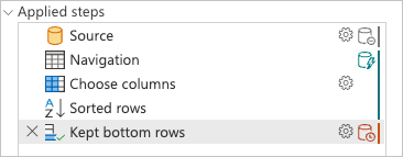 Screenshot of the Applied steps pane for the query with the query folding indicators showcasing that the Kept bottom rows is marked as a step that's evaluated outside the data source.