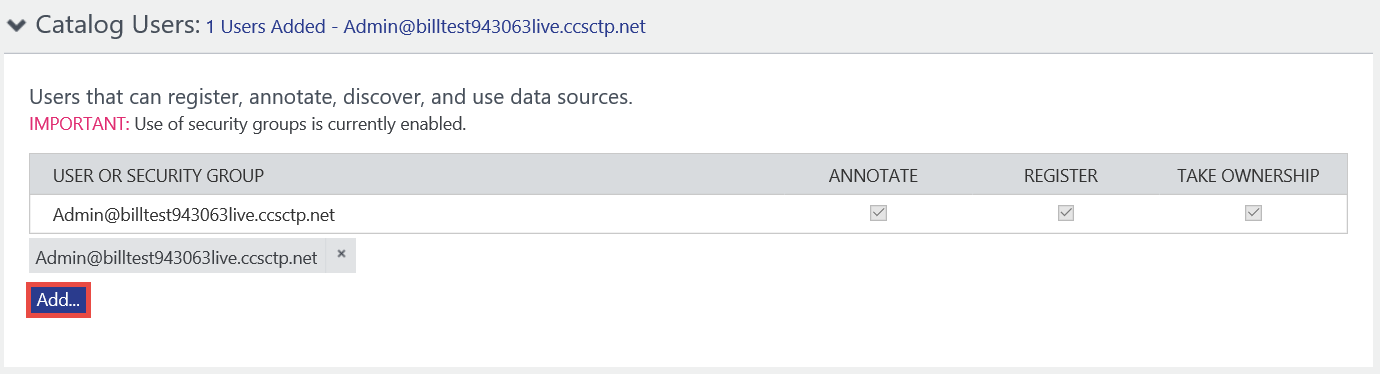 Catalog Users section is expanded, and the Add button is selected.