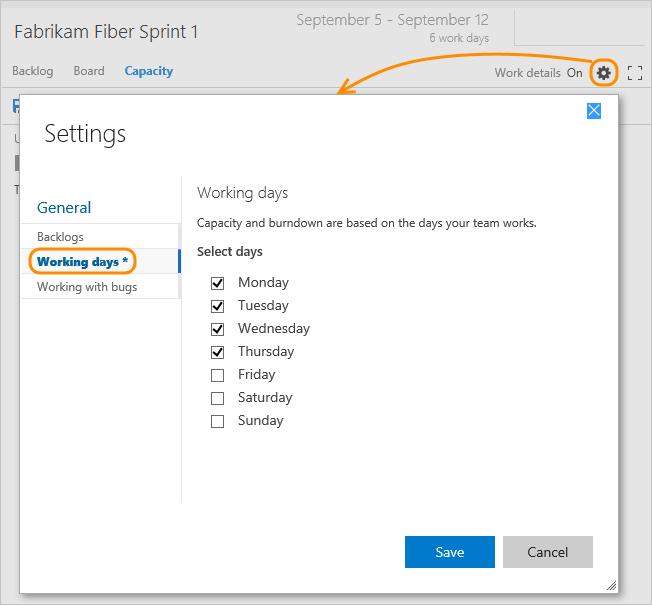 Capacity page, Settings, Working days