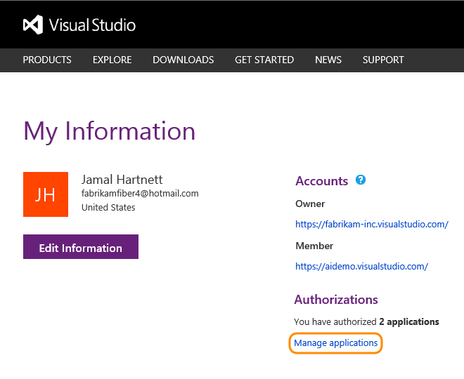 Click Manage applications to manage authorizations