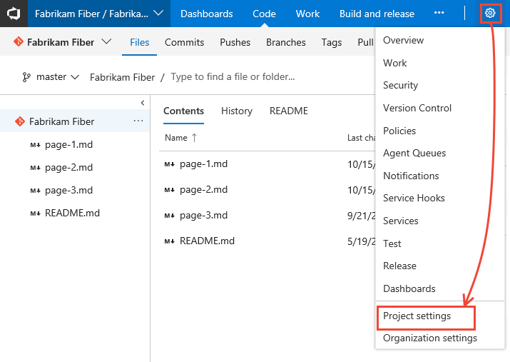 Screenshot showing Open Project Settings for TFS 2018.