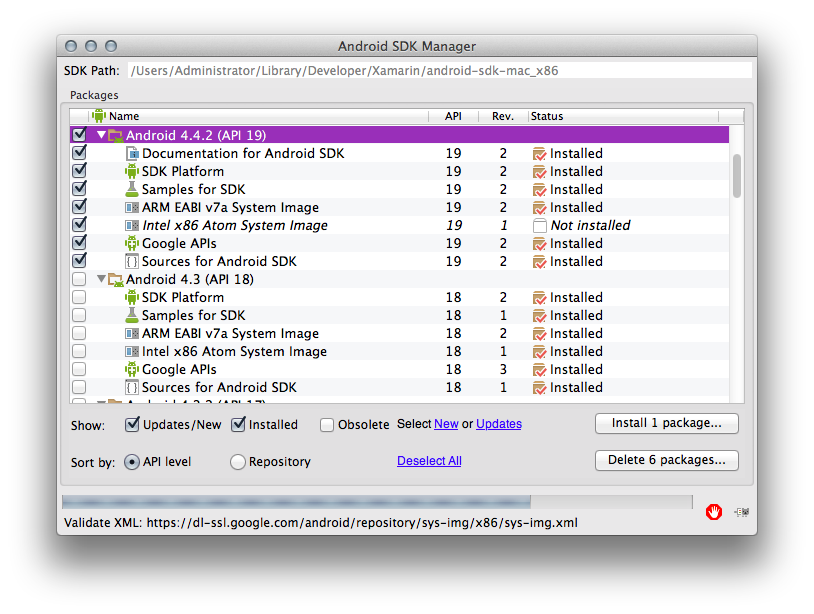 Selecting Android 4.4 in the Android SDK Manager