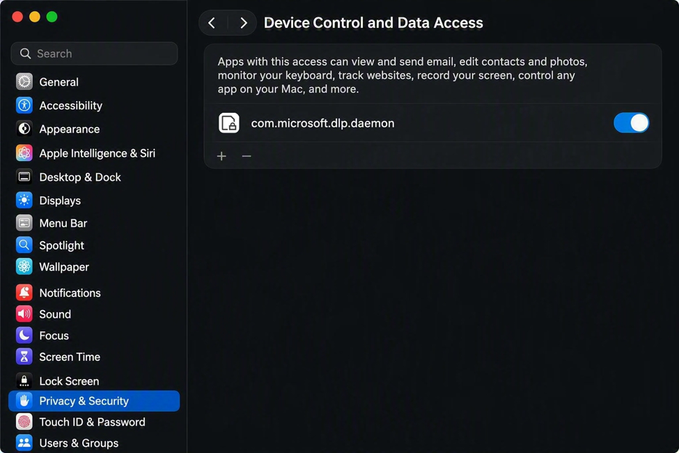 Screenshot of macOS Device Control and Data Access settings with permission enabled for com.microsoft.dlp.daemon.