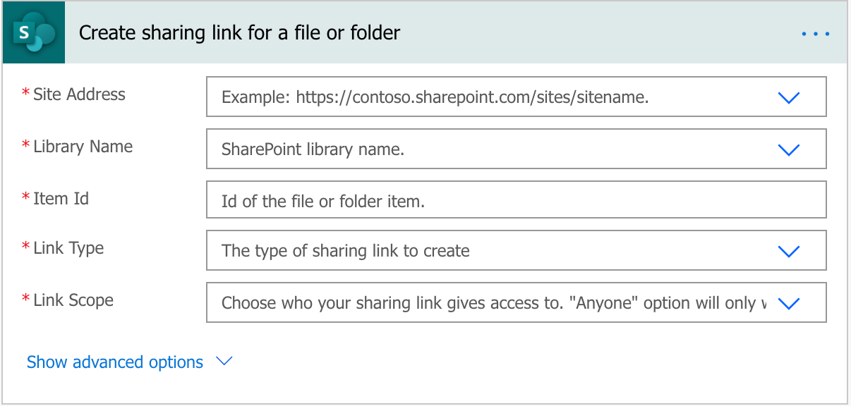 Create sharing link for a file or folder flow action