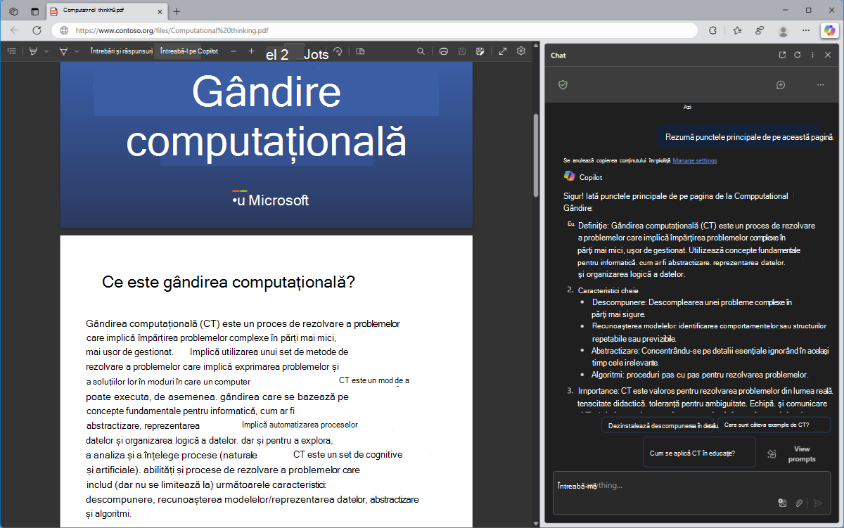 Captură de ecran a unui document PDF deschis în browserul Microsoft Edge. Copilot este deschis în bara laterală Edge cu o solicitare de a cere să Genereze rezumatul paginii.