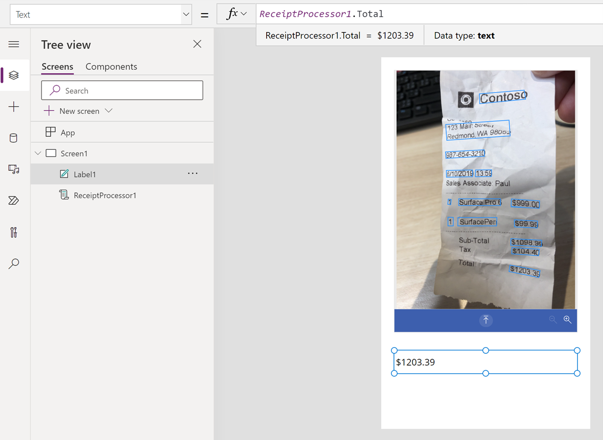 ReceiptProcessor1.Total field from scan detected a data type of text and a value of $1203.39.