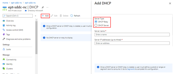 Captură de ecran a portalului Azure care arată cum să adăugați un server DHCP sau un releu DHCP în mediul cloud privat AVS.