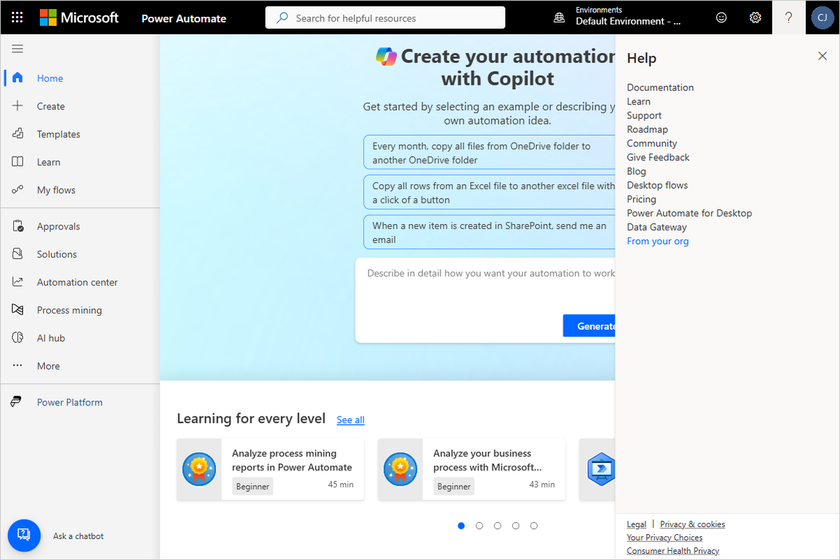 Screenshot of the Help panel in Power Automate.