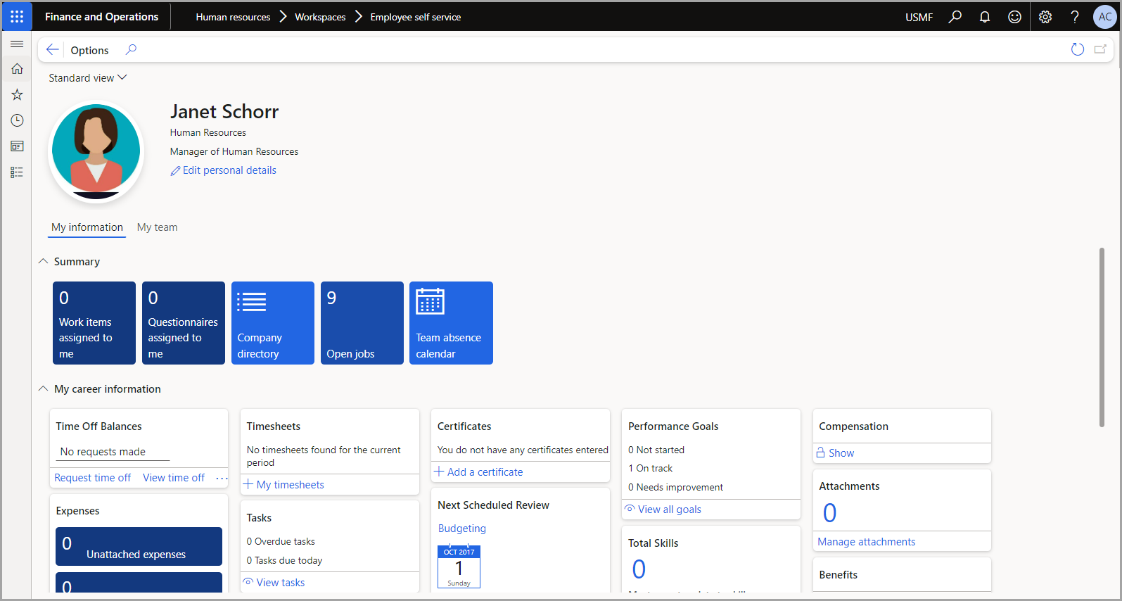 Screenshot that shows example of employee self service page.
