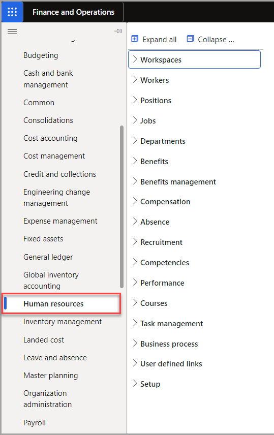 Screenshot of Navigation pane to Human Resources and then Workspaces.