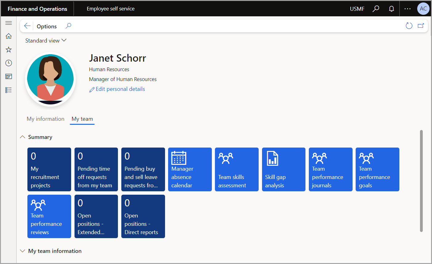 Screenshot that shows example of manager self service page.