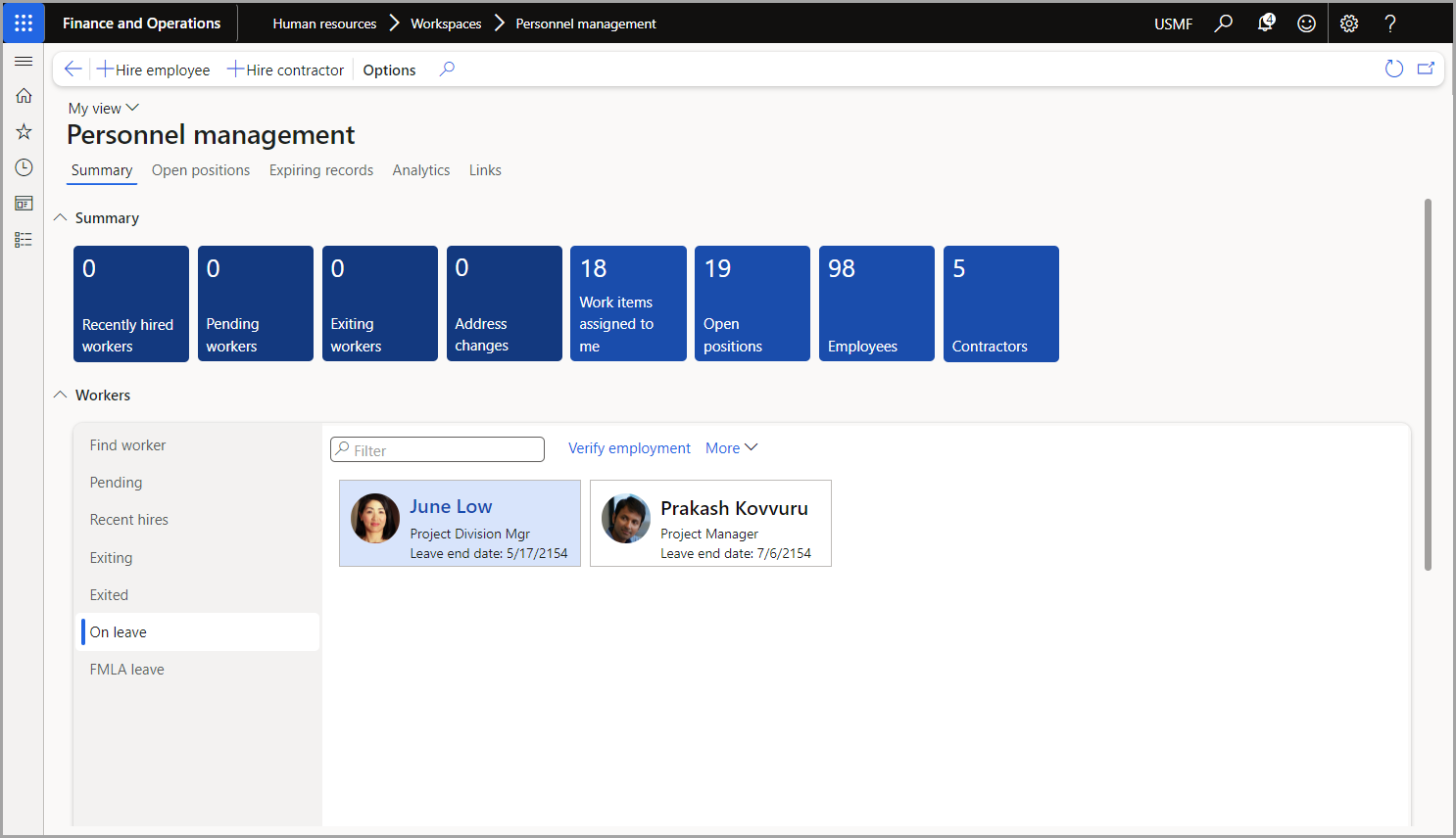 Screenshot that shows Dynamics 365 Human Resources Personnel management page.