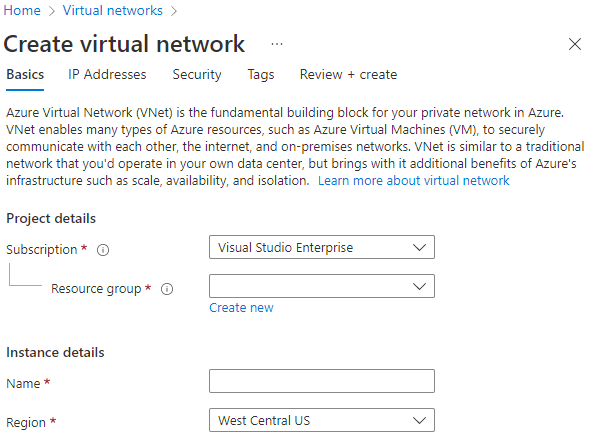 Captură de ecran care arată cum să creați o rețea virtuală în portalul Azure.