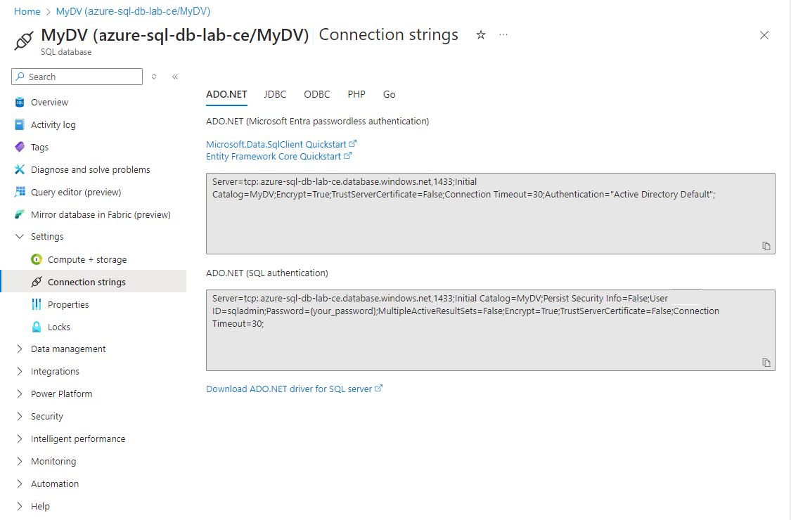 Captură de ecran care arată setările de conexiune Azure SQL Database.