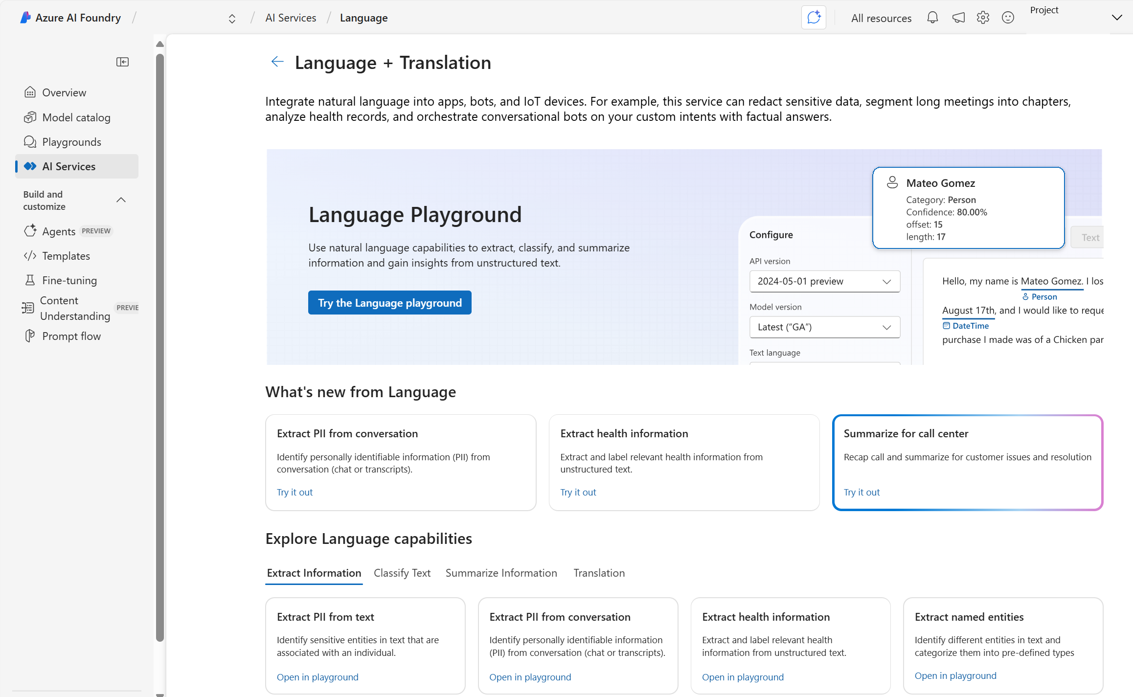 Captură de ecran a paginii Azure Language în portalul Microsoft Foundry.