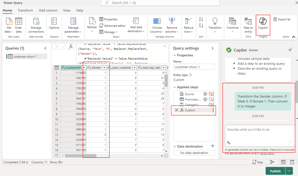 Captură de ecran care arată cum să utilizați Copilot pentru a aplica transformarea într-un flux de date.
