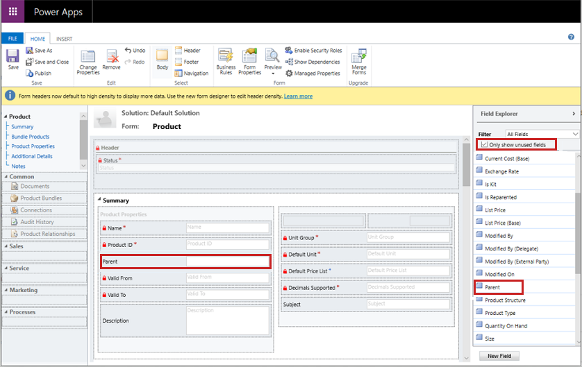 Add the Parent field to the Product form.