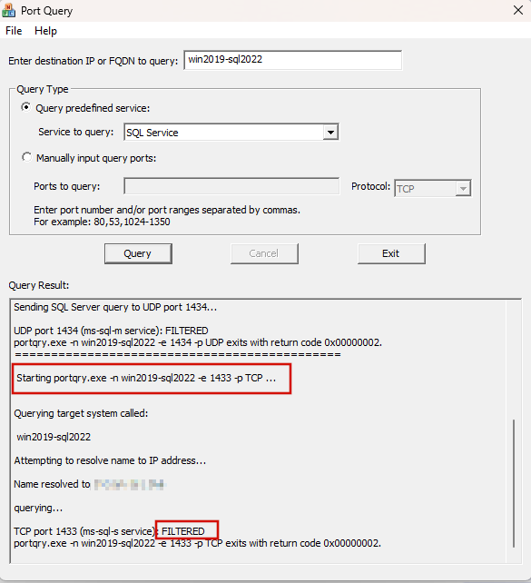 Screenshot showing an unsuccessful connection for the default instance on a default port.