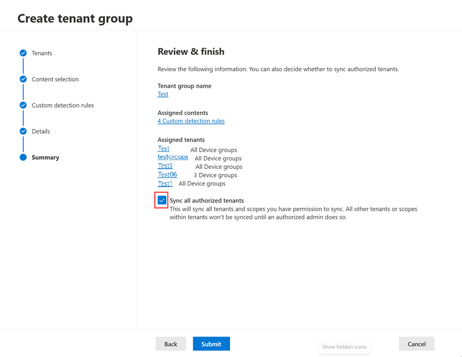 Screenshot of summary of tenant groups with the checkbox highlighted.