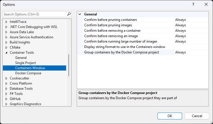 Screenshot of the Visual Studio Container Tools Options, showing the settings available for the Containers Window.