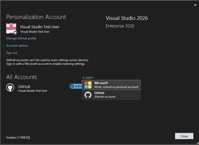 Screenshot showing how to select and add a GitHub account.