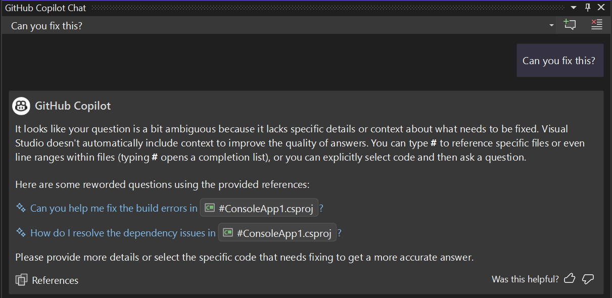 Screenshot of guided chat experience with GitHub Copilot Chat.