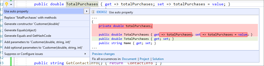 Screenshot of Convert full property to auto property.