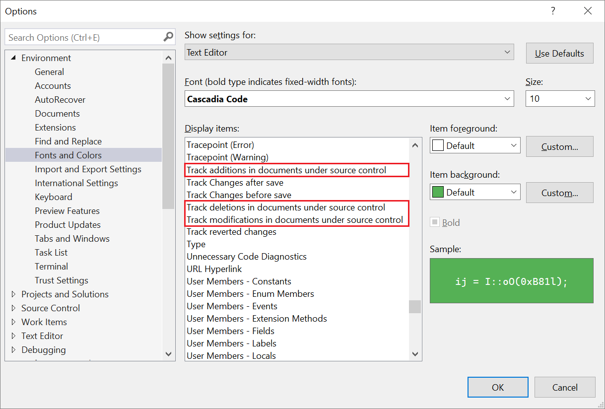 Screenshot of the Options dialog box where you can change the colors Visual Studio uses for source control.