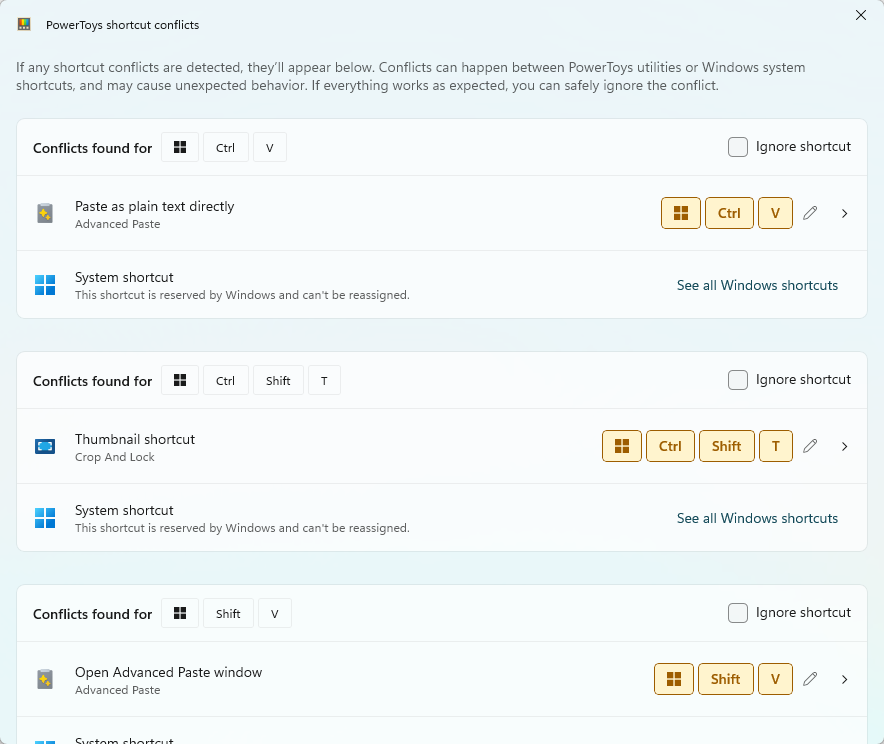 A screenshot of the PowerToys shortcut conflicts window.