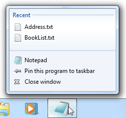 screen shot of jump list with 'recent' group name