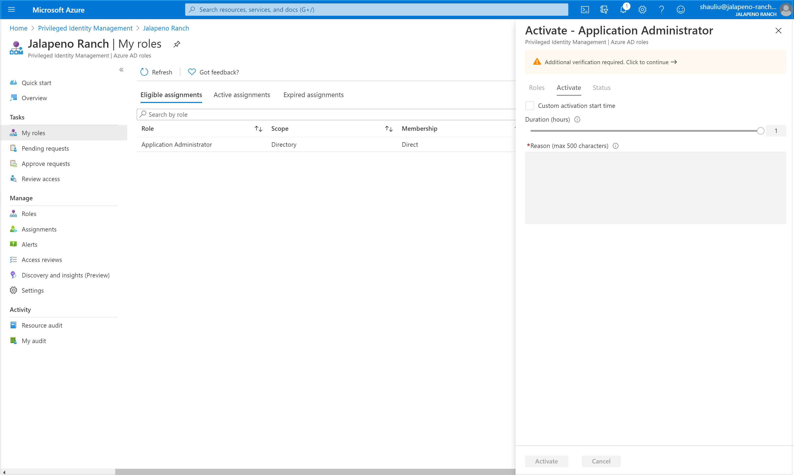 Роли Microsoft Entra — страница активации содержит длительность и область