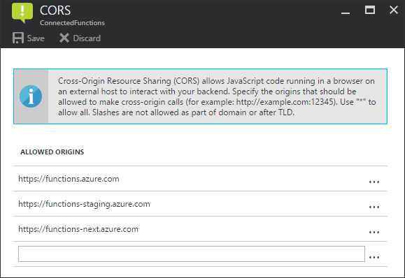 Access-Control-allow-Origin. Setup функции. Форма конфигурирования function app.