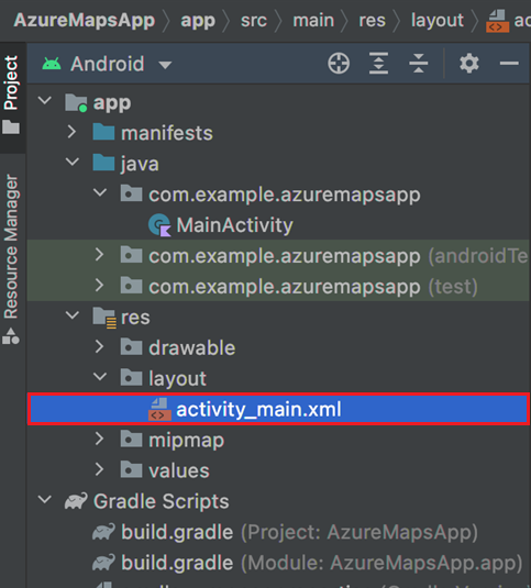 Снимок экрана: файл activity_main.xml в области навигации по проекту в Android Studio.