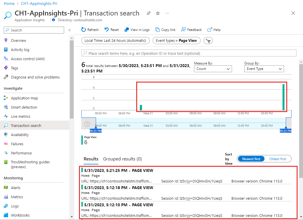Screenshot of the Application Insights Transaction search pane in the Azure portal with the Page View option selected. The page views are highlighted.