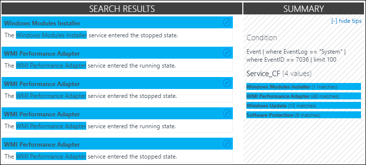 Screenshot showing the full service name highlighted in the Search Results pane and the correct service names highlighted in the Summary.