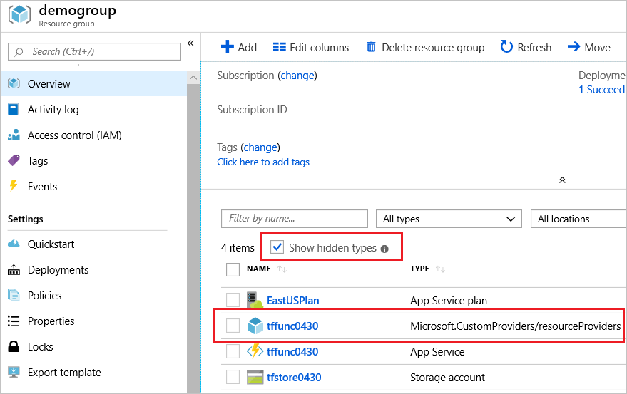 Screenshot of Azure portal displaying hidden resource types and resources deployed in a resource group.