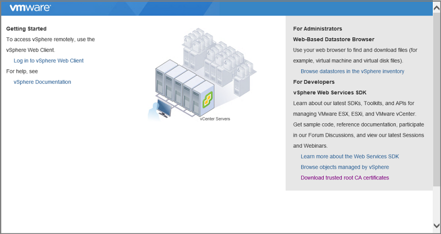 Screenshot showing the vSphere Web Client Getting Started window to access vSphere remotely.