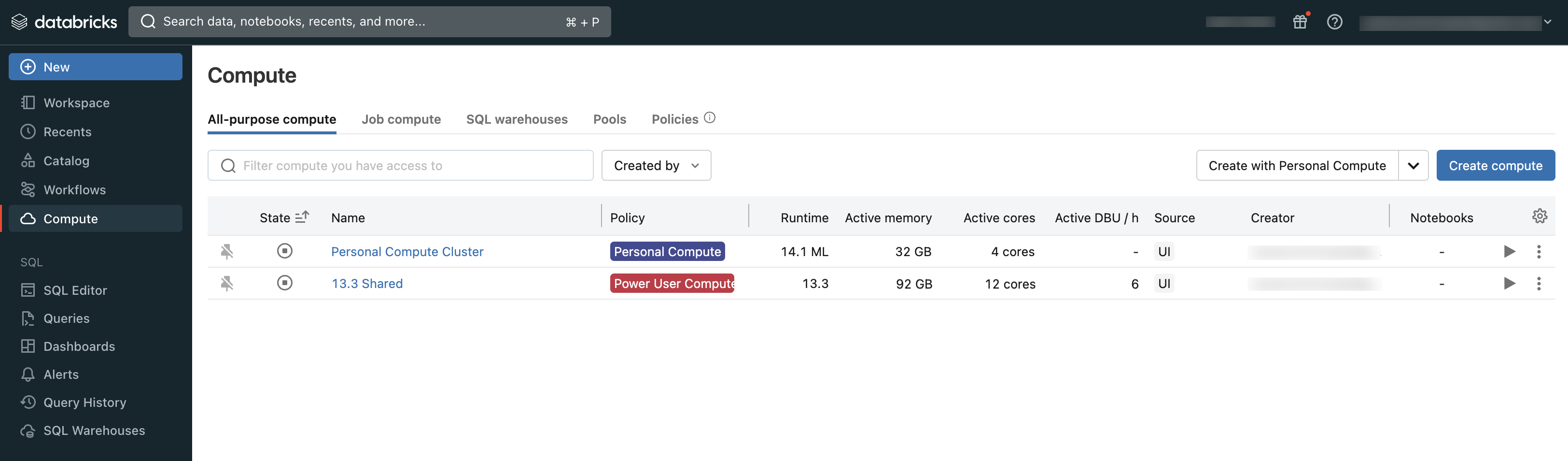 Страница вычислений всех целей в рабочей области Databricks