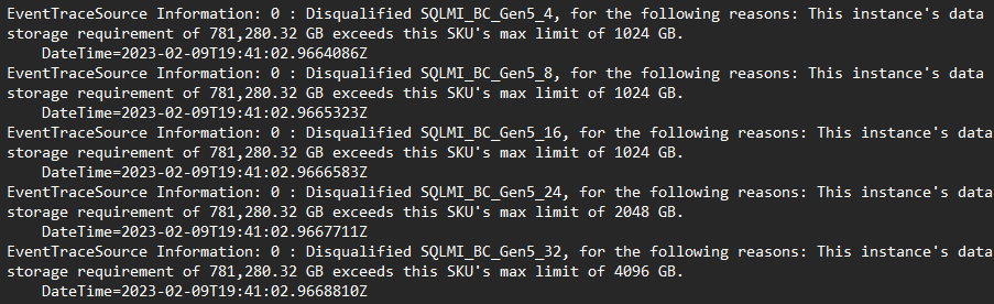 Screenshot that shows SKU recommendations log.