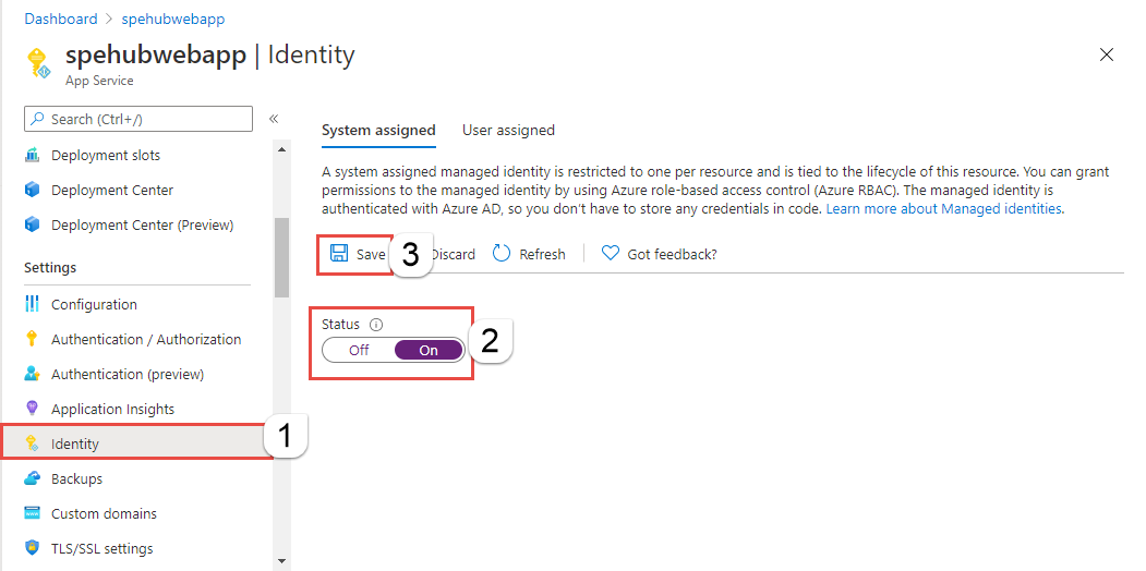 Screenshot of the Identity page showing the status of system-assigned identity set to ON.