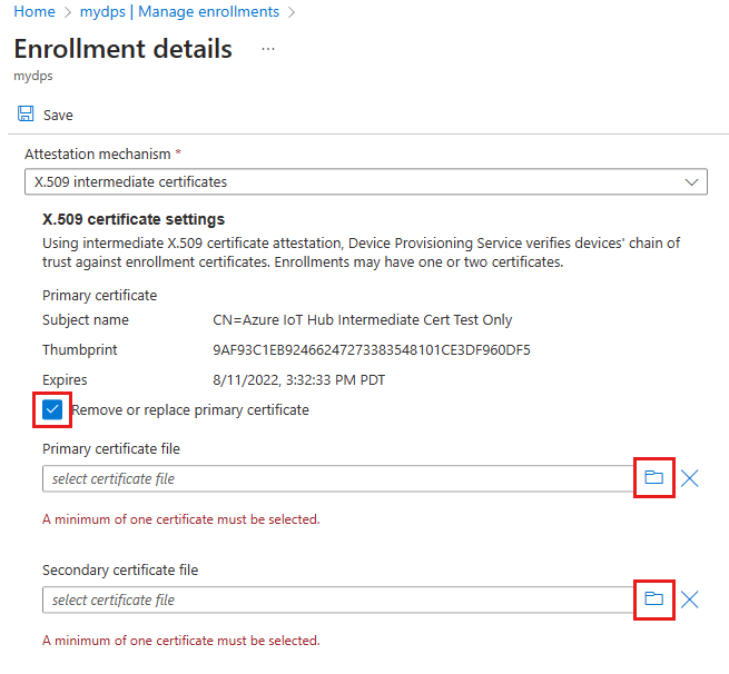 Screenshot that shows replacing an intermediate certificate for an enrollment group.