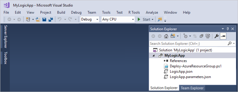 Screenshot shows Solution Explorer with new logic app solution and deployment file.