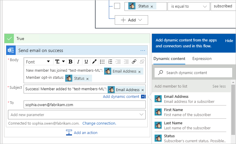 Снимок экрана, на котором показано действие Send email on success (Отправить электронное письмо в случае успеха) и указаны сведения для сообщения об успешном выполнении.