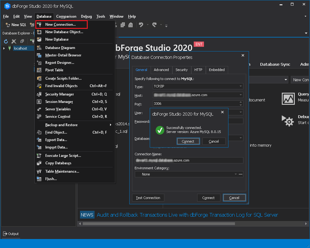Screenshot showing a successful connection test to Azure Database for MySQL.