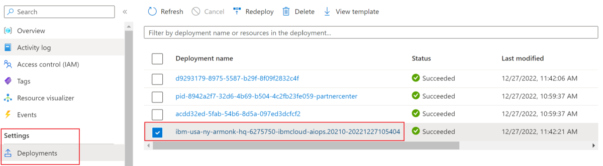 Снимок экрана: портал Azure с развертываниями IBM WebSphere Liberty и Open Liberty в Azure Red Hat OpenShift с выделенным самым старым развертыванием.