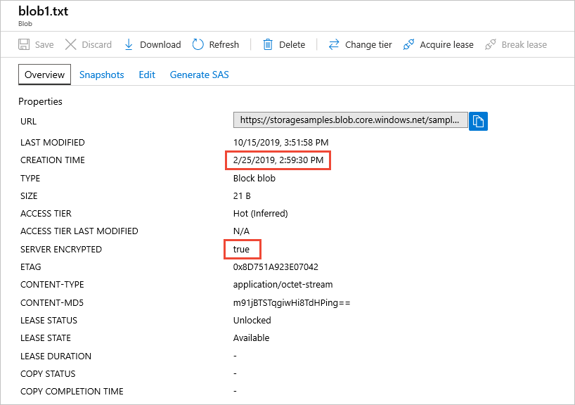 Снимок экрана: проверка значения свойства Server Encrypted (Серверное шифрование) на портале Azure