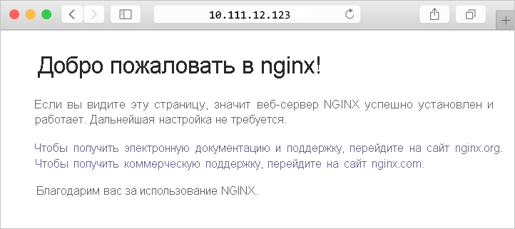 Снимок экрана с демонстрацией сайта NGINX по умолчанию в браузере