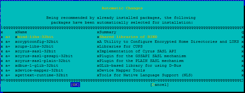 Снимок экрана: окно консоли со списком пакетов, выбранных для установки.