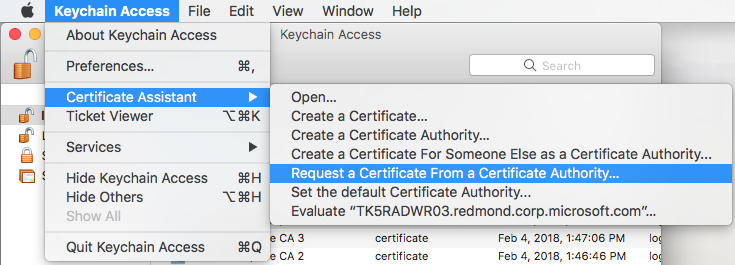 Запрос сертификата из центра сертификации в доступе к цепочке ключей