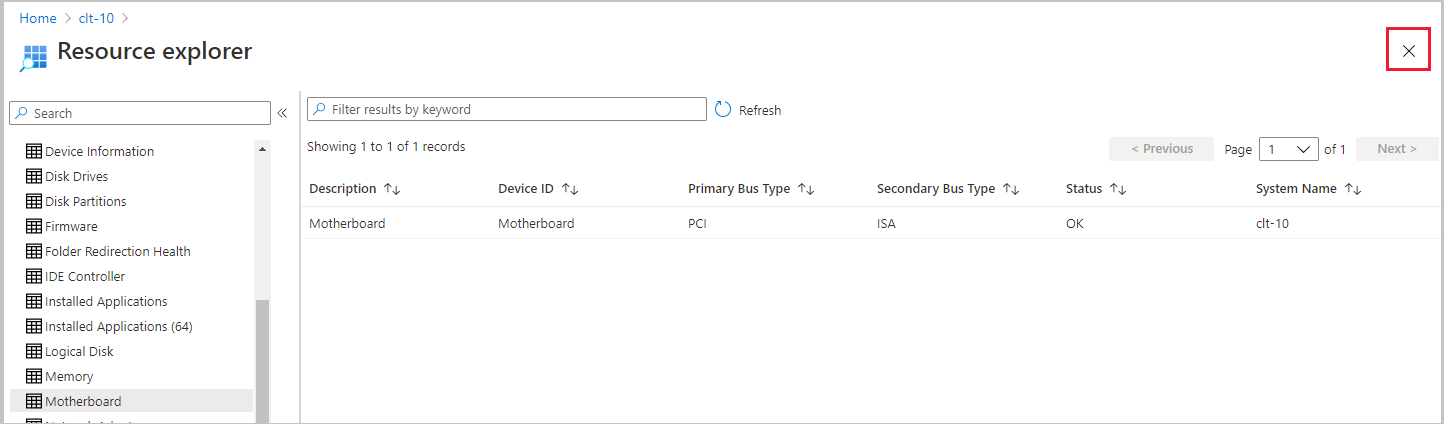Закройте обозреватель ресурсов со значком x в Центре администрирования Microsoft Intune